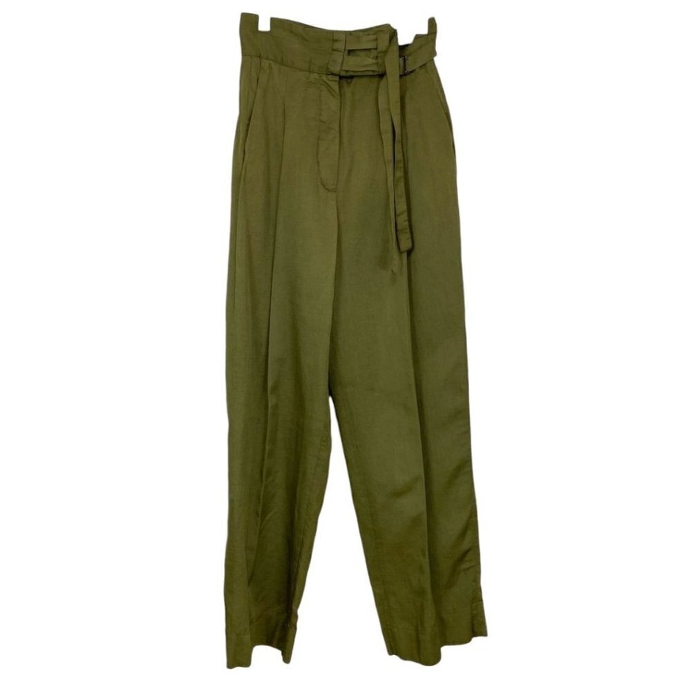 SANDRO OLIVE GREEN LINEN BLEND HIGH RISE STRAIGHT LEG PLEATED TROUSER - 0 - Picture 2 of 10